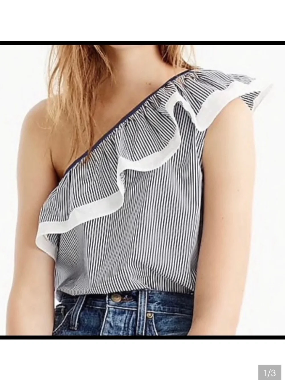 J. Crew Striped One-Shoulder Ruffle Top in Navy and White